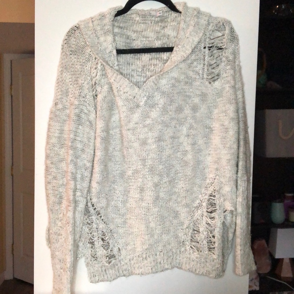 Lush white/grey knit sweater with hood - size small